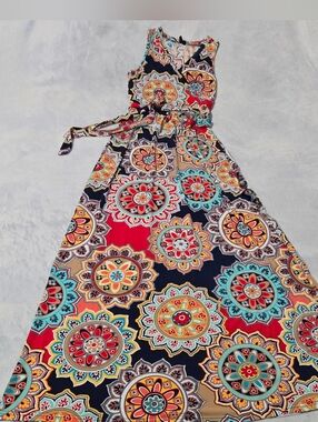 Womens Zattcas Sleeveless Plunge-Medallion Pattern, Bohemian Long Dress - Size M